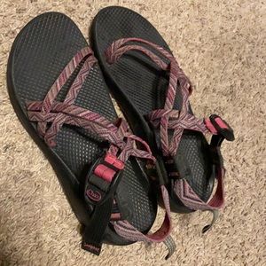 Pink and purple chacos